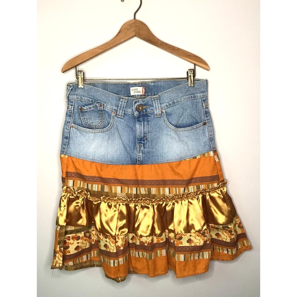 Levis Y2K Upcycled Denim Boho Tiered Ruffle Skirt Sz 9 Festival Western Cottage - Picture 1 of 15